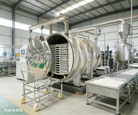 Conçu pour les produits pharmaceutiques et la nourriture en vrac. Lyophilizer commercial 150 kg par lot, chambre en acier inoxydable et contrôle de température de précision.